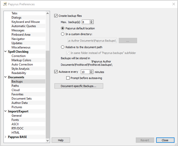 Preferences backup settings