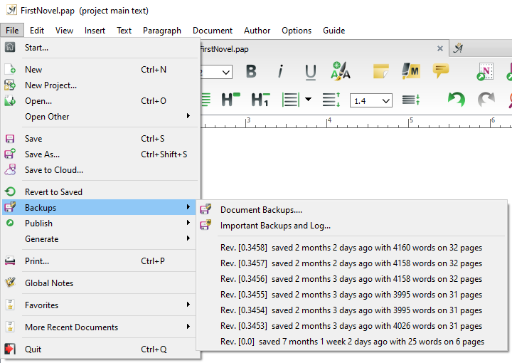 Document backups on the File menu