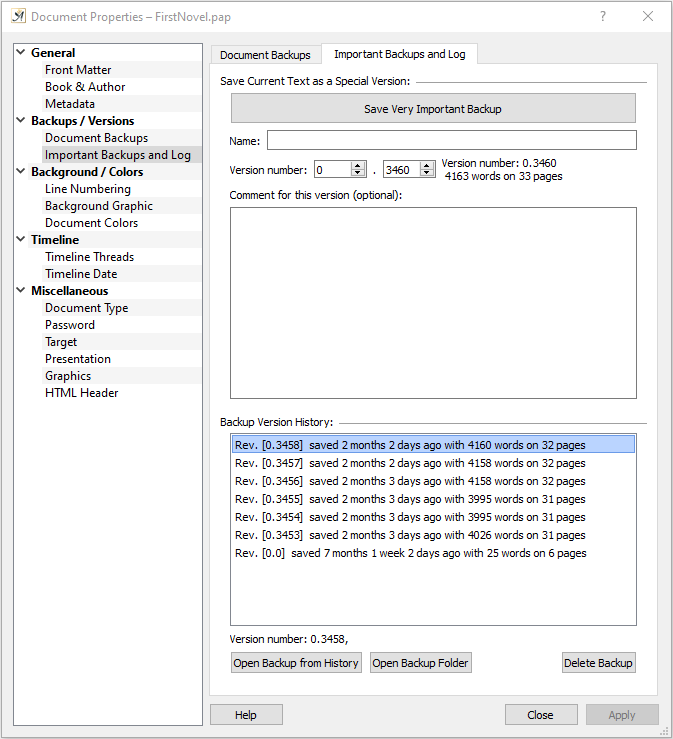 Document properties important backup settings