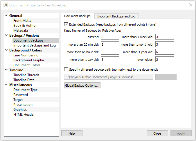 Document properties backup settings