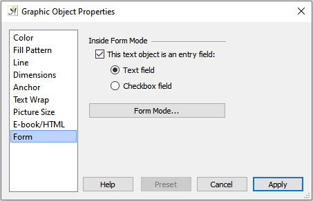 Graphic object dialog, Form tab