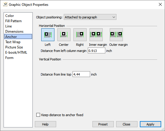 Graphic object properties, anchor dialog