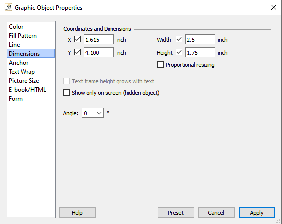 Graphic object properties dimensions tab