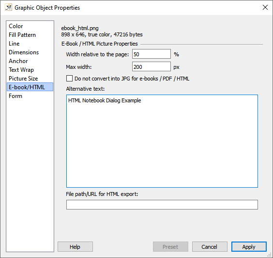 Graphic object dialog E-book/HTML tab