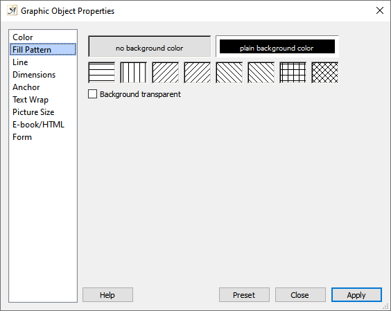 Graphic object properties fill pattern dialog