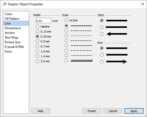Graphic object properties line dialog