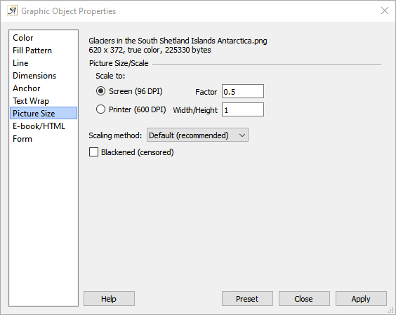 Graphic object picture size dialog