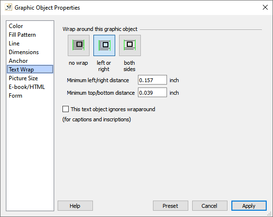 Graphic object properties, text wrap dialog