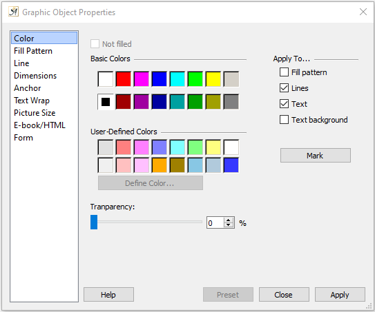 Graphic object dialog color tab