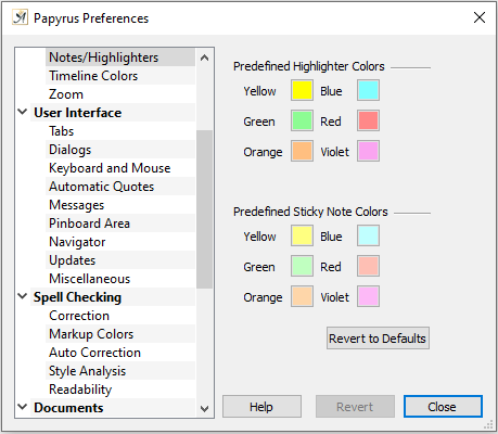 Preferences settings for notes and highlighters