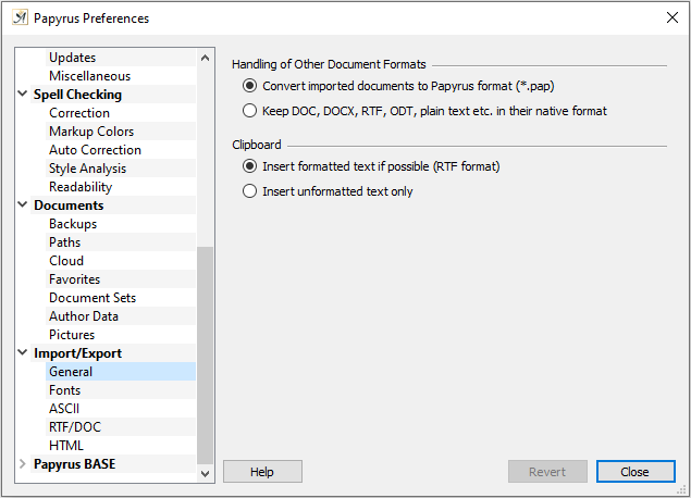 Preferences Import settings general tab