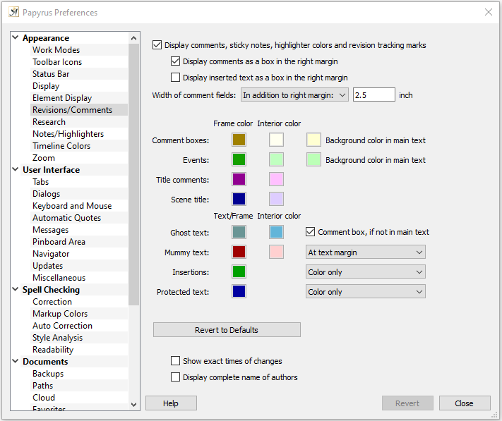 Preference settings for revisions and comments