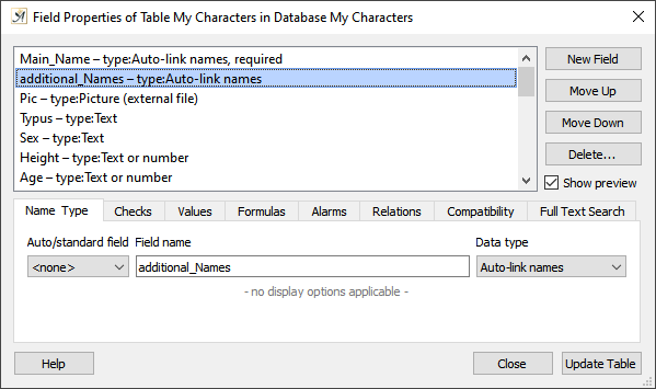 My Characters field properties dialog