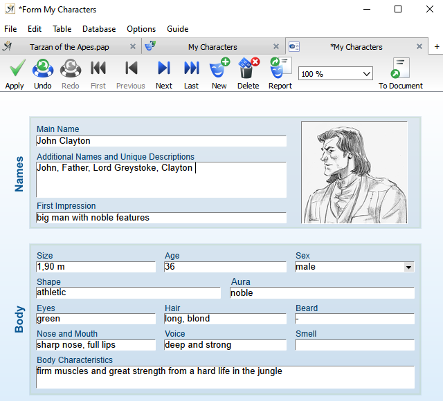 A data record in the My Characters database