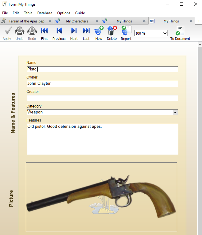 Field record in the My Things database