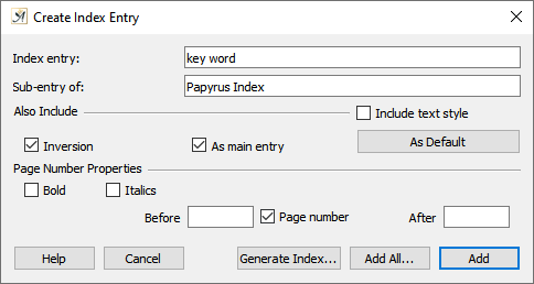 Create index dialog