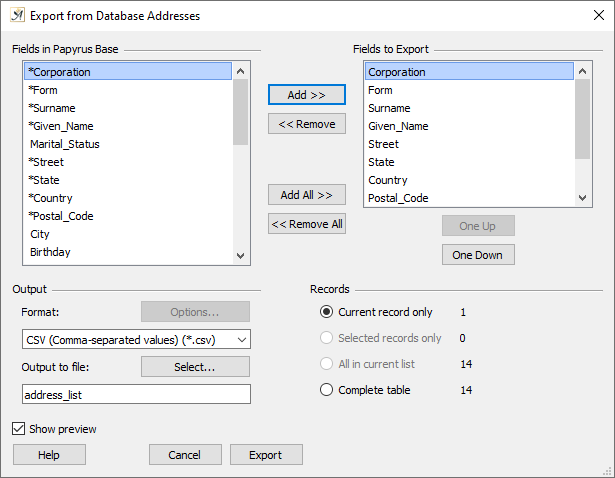 Database export dialog