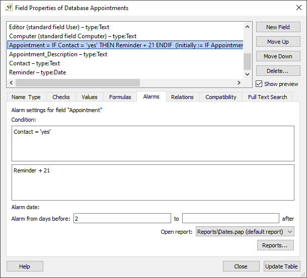 Database field properties alarm tab