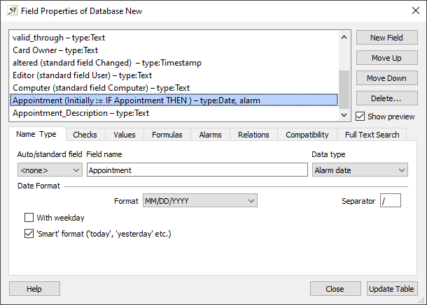 Database field properties