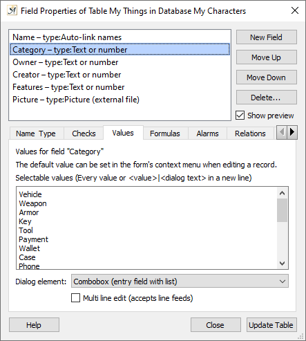 Database field properties dialog values tab