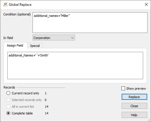 Database global replace dialog