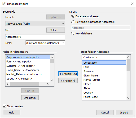 Database import dialog