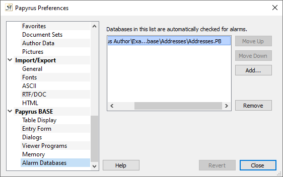 Preferences database alarms dialog