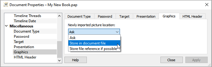 Document properties graphics dialog