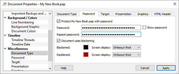 Document properties password setup dialog