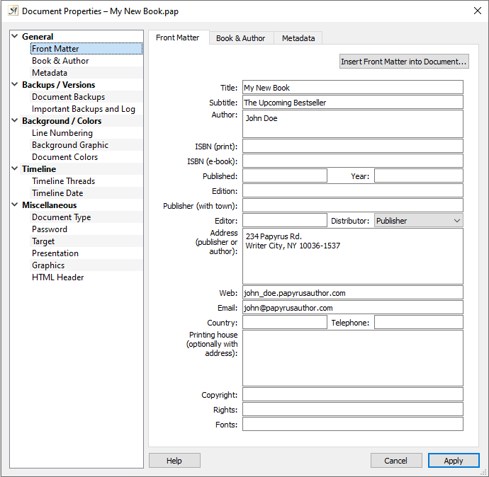 Document properties front matter dialog