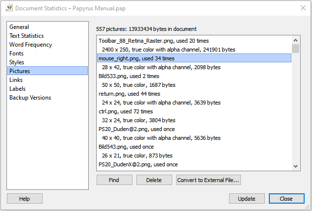 Document statistics dialog pictures tab