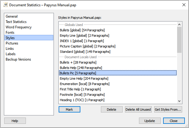 Document statistics dialog styles tab