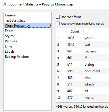 Document statistics dialog word frequency tab