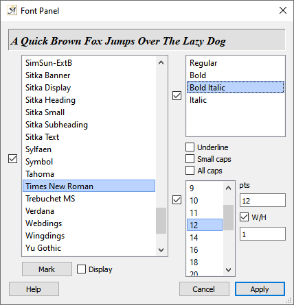 Font selection dialog