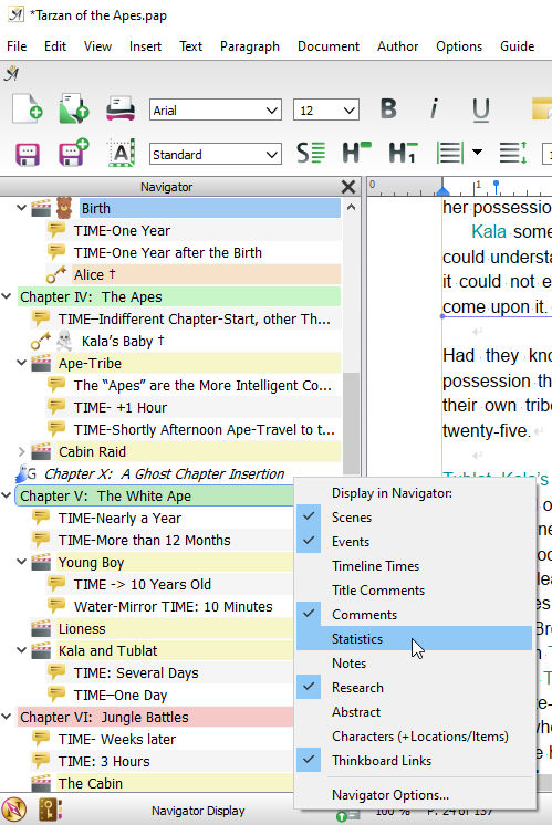 Navigator display options via context menu