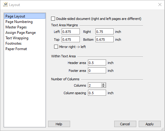 Page layout dialog