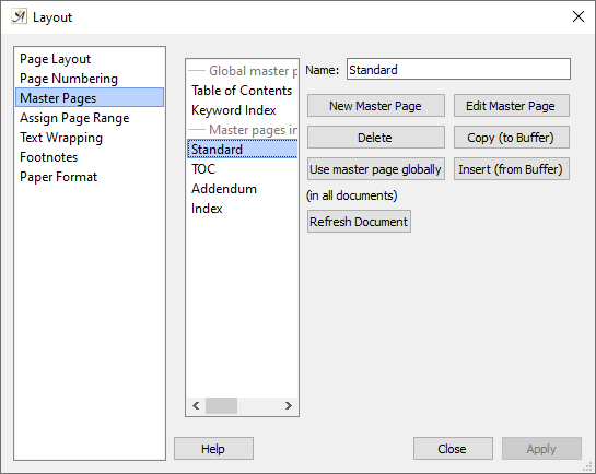 Page layout master page dialog