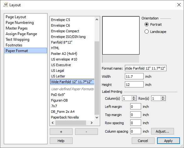 Page Layout dialog paper format tab