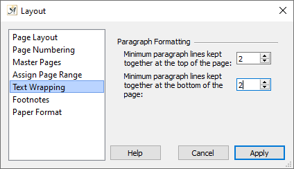 Page layout text wrapping dialog