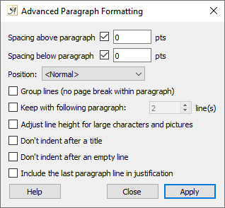 Advanced paragraph formatting dialog
