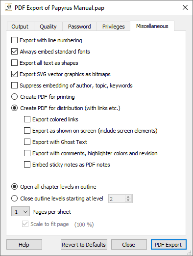 PDF export dialog miscellaneous tab