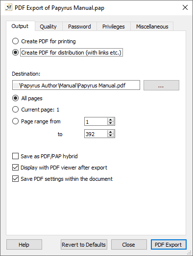 PDF export dialog output tab