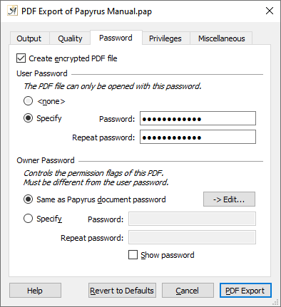 PDF export dialog password tab