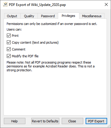 PDF export dialog privileges tab