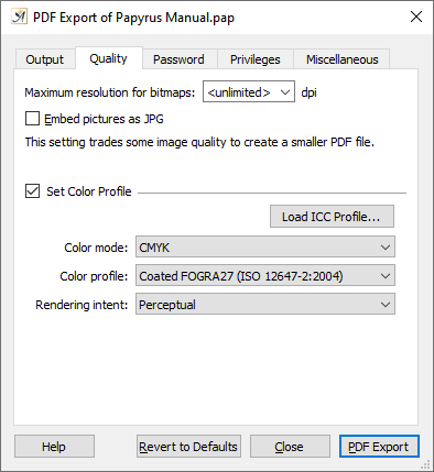 PDF export dialog quality tab