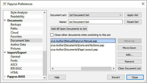 Preferences Document Sets dialog