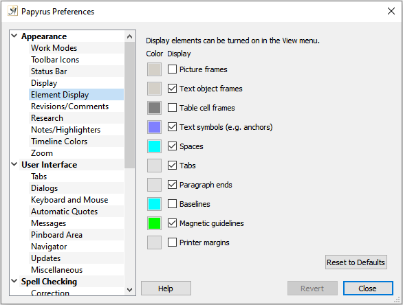 Preferences Element Display dialog