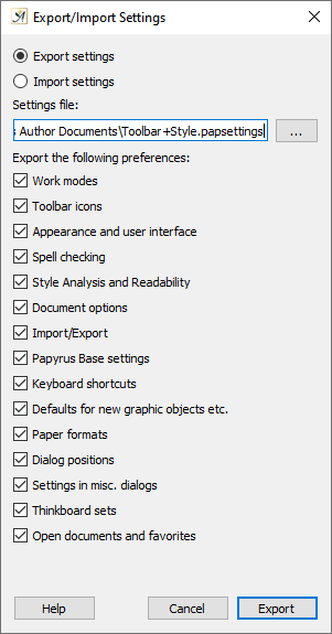 Preferences import and export settings