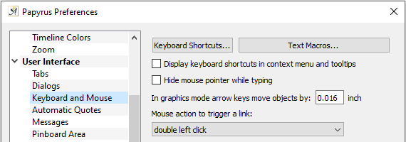 Preferences keyboard shortcuts dialog