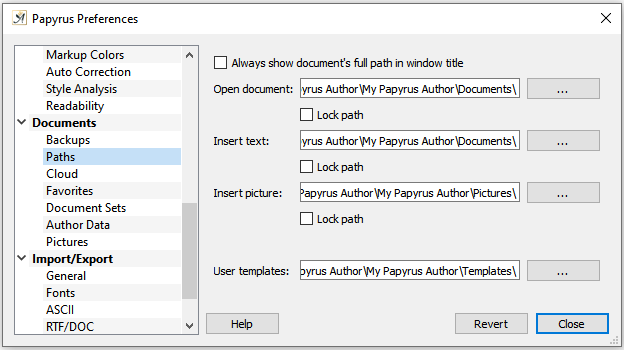 Preferences path settings